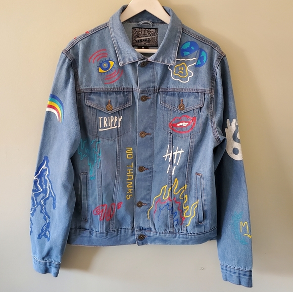 Brooklyn Clothing M Indie Sleeze 90s Grunge Flames Rainbow Unisex Jean Jacket - Picture 1 of 11